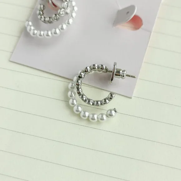 Pearl Caviar Silver Double Huggie Earrings - Kate Spade - Picture 3 of 3